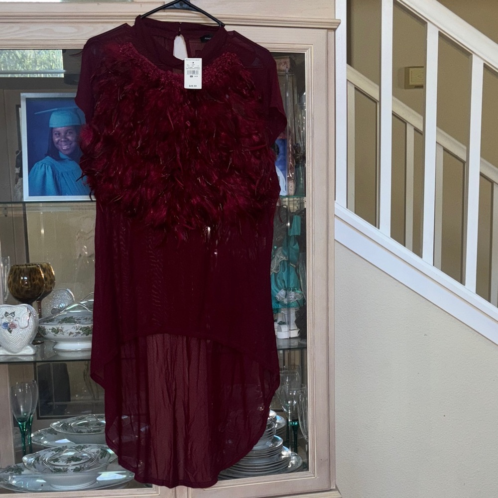 Ashley Stewart Burgundy Feathered Blouse